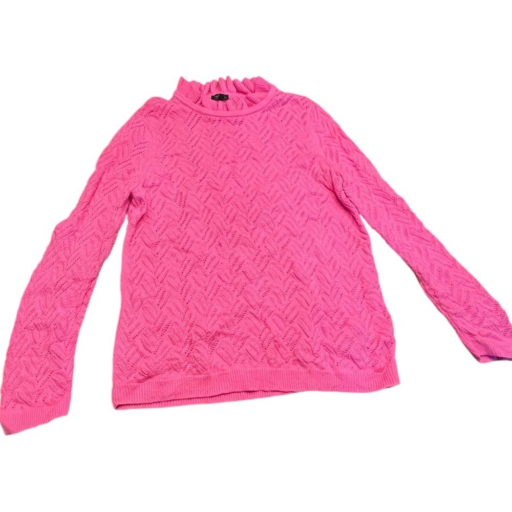 Talbots Pink Open‎ Knit Long Sleeve Ruffle Neck Sweater Feminine Size XL Barbie